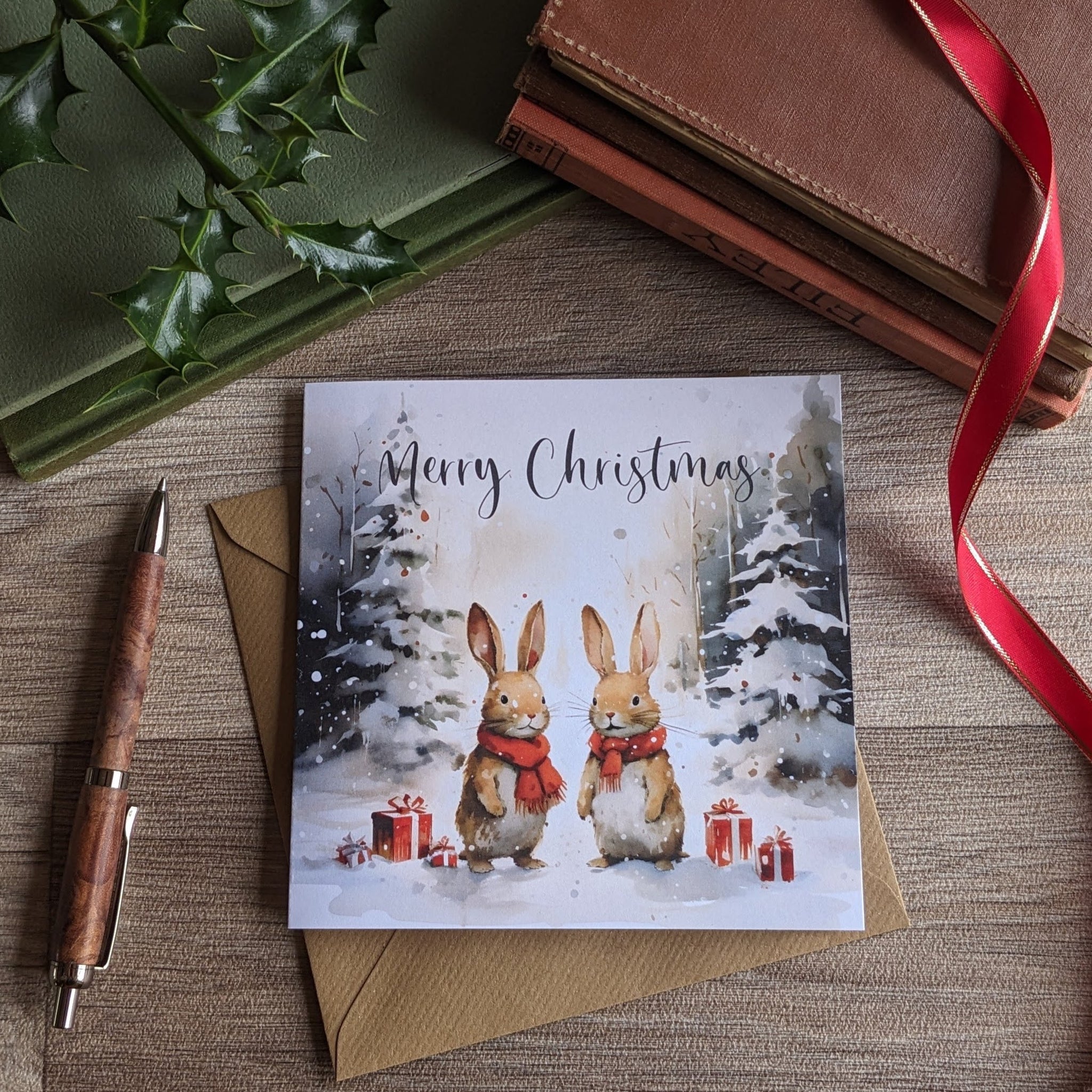 Rabbit Christmas Card (Red Scarves)