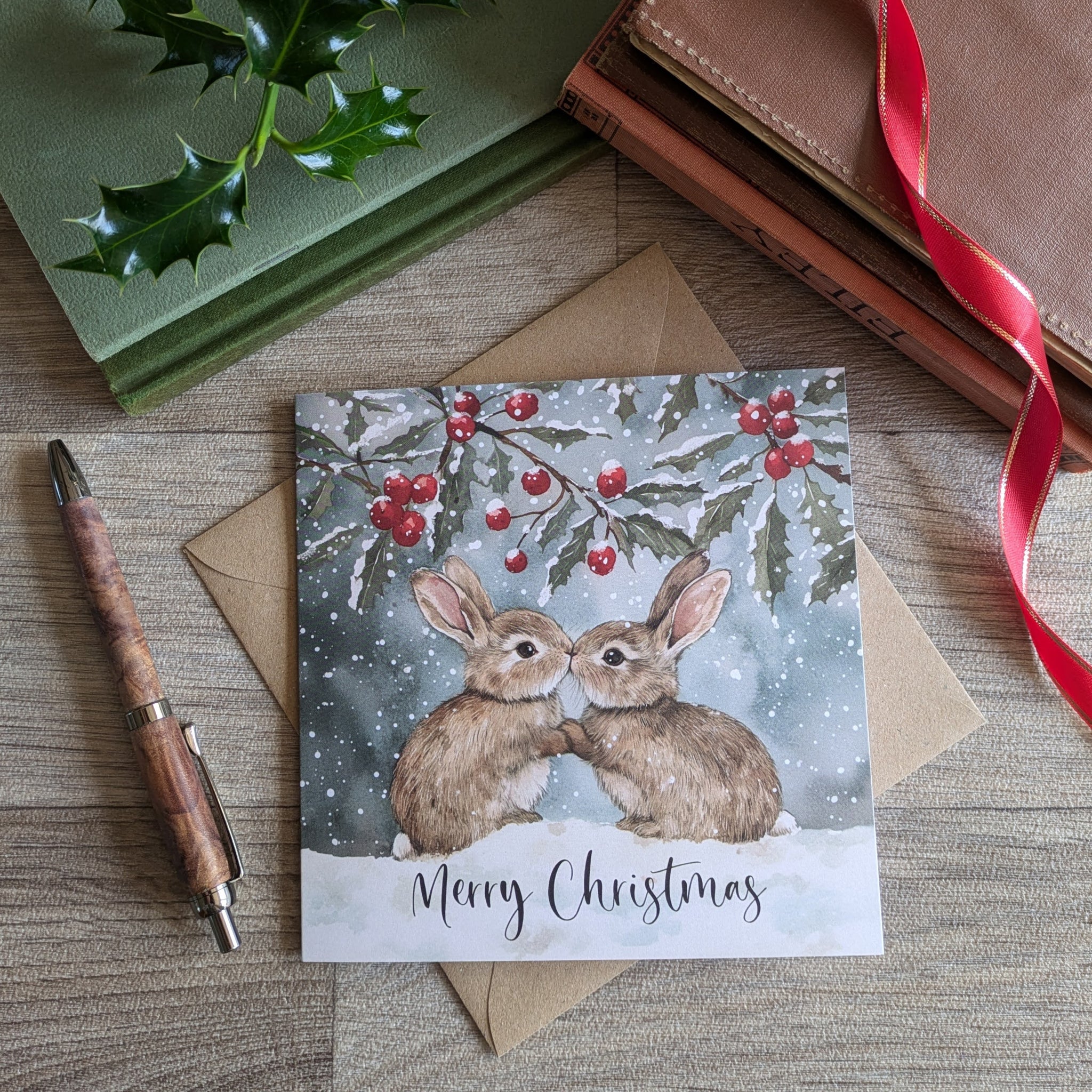 Rabbit Christmas Card (Berry Kisses)