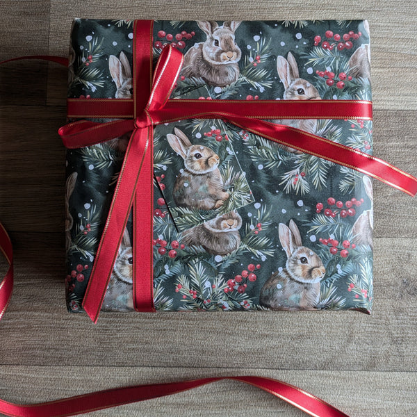 Bunny Rabbit Christmas Wrapping Paper and Gift Tag Set (Winter Berry)