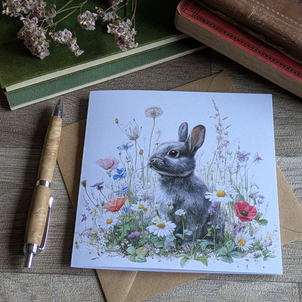 Rabbit Open/Blank Card (Spring Flowers)