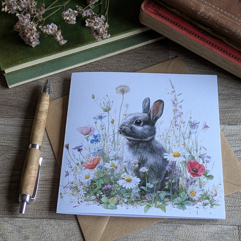 Rabbit Open/Blank Card (Spring Flowers)