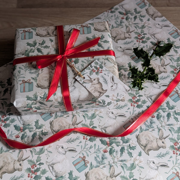 Bunny Rabbit Christmas Wrapping Paper and Gift Tag Set (Holly and Parcel)
