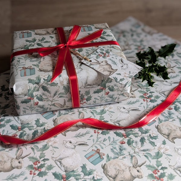 Bunny Rabbit Christmas Wrapping Paper and Gift Tag Set (Holly and Parcel)
