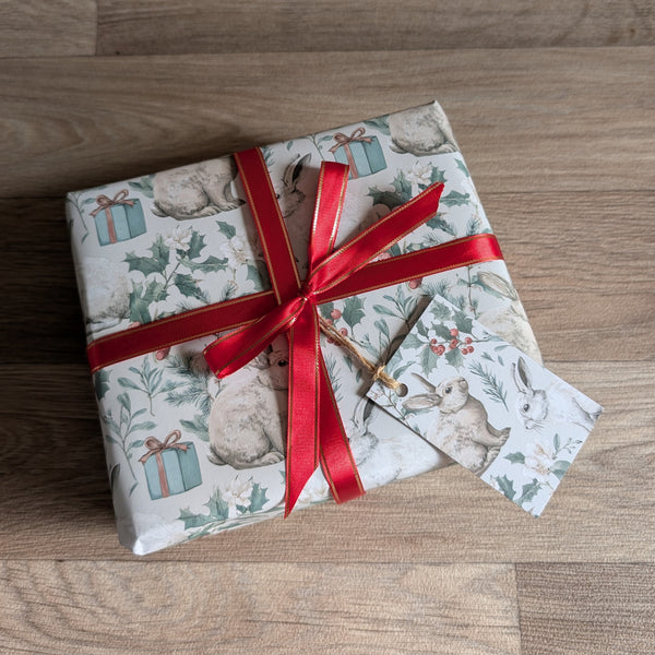 Bunny Rabbit Christmas Wrapping Paper and Gift Tag Set (Holly and Parcel)