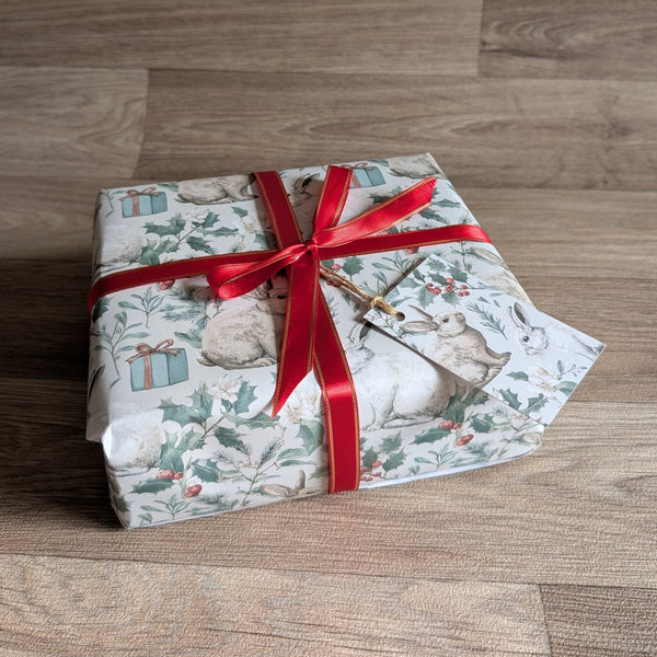 Bunny Rabbit Christmas Wrapping Paper and Gift Tag Set (Holly and Parcel)