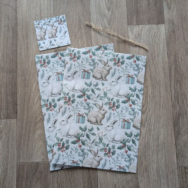 Bunny Rabbit Christmas Wrapping Paper and Gift Tag Set (Holly and Parcel)
