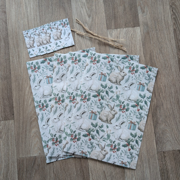 Bunny Rabbit Christmas Wrapping Paper and Gift Tag Set (Holly and Parcel)