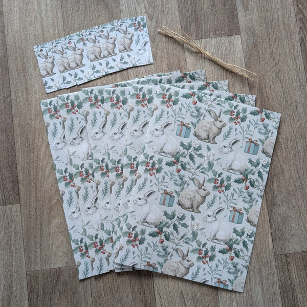 Bunny Rabbit Christmas Wrapping Paper and Gift Tag Set (Holly and Parcel)