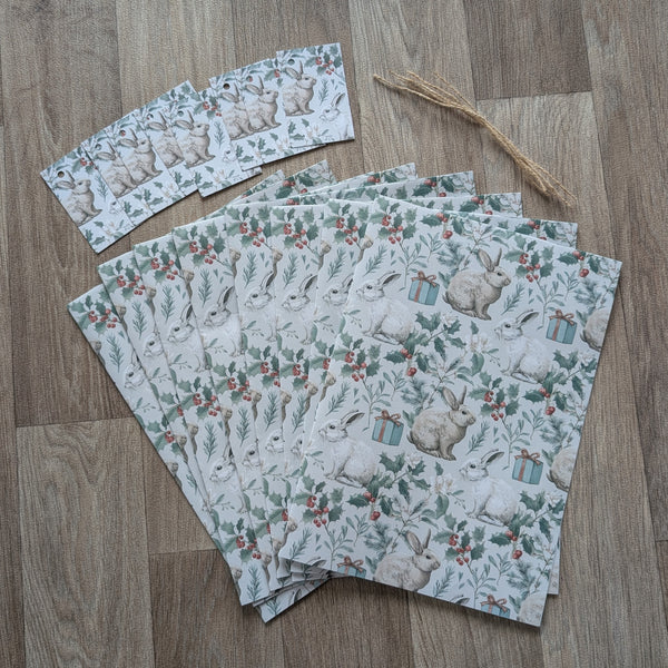 Bunny Rabbit Christmas Wrapping Paper and Gift Tag Set (Holly and Parcel)