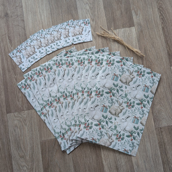 Bunny Rabbit Christmas Wrapping Paper and Gift Tag Set (Holly and Parcel)