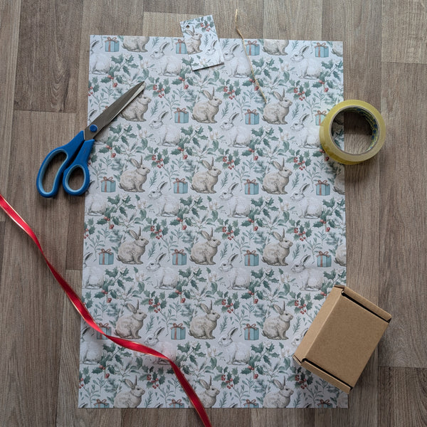 Bunny Rabbit Christmas Wrapping Paper and Gift Tag Set (Holly and Parcel)