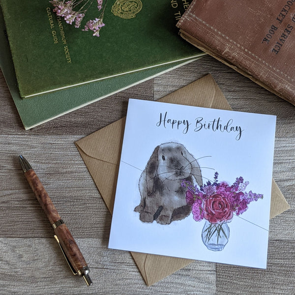 Rabbit Birthday Card - Vase of Flowers