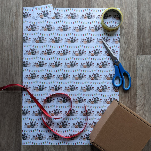 Bunny Rabbit Christmas Wrapping Paper and Gift Tag Set (Fairy Light)